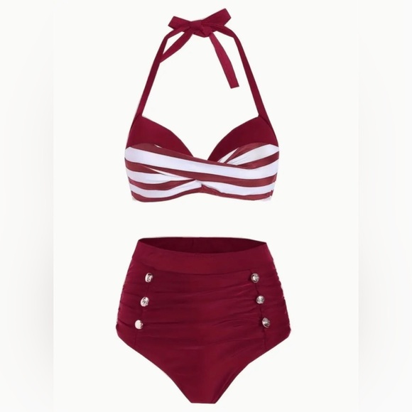 Retro Pin Up Girl Burgundy Stripe Push Up High Waisted Bikini Set XXL - Picture 1 of 10